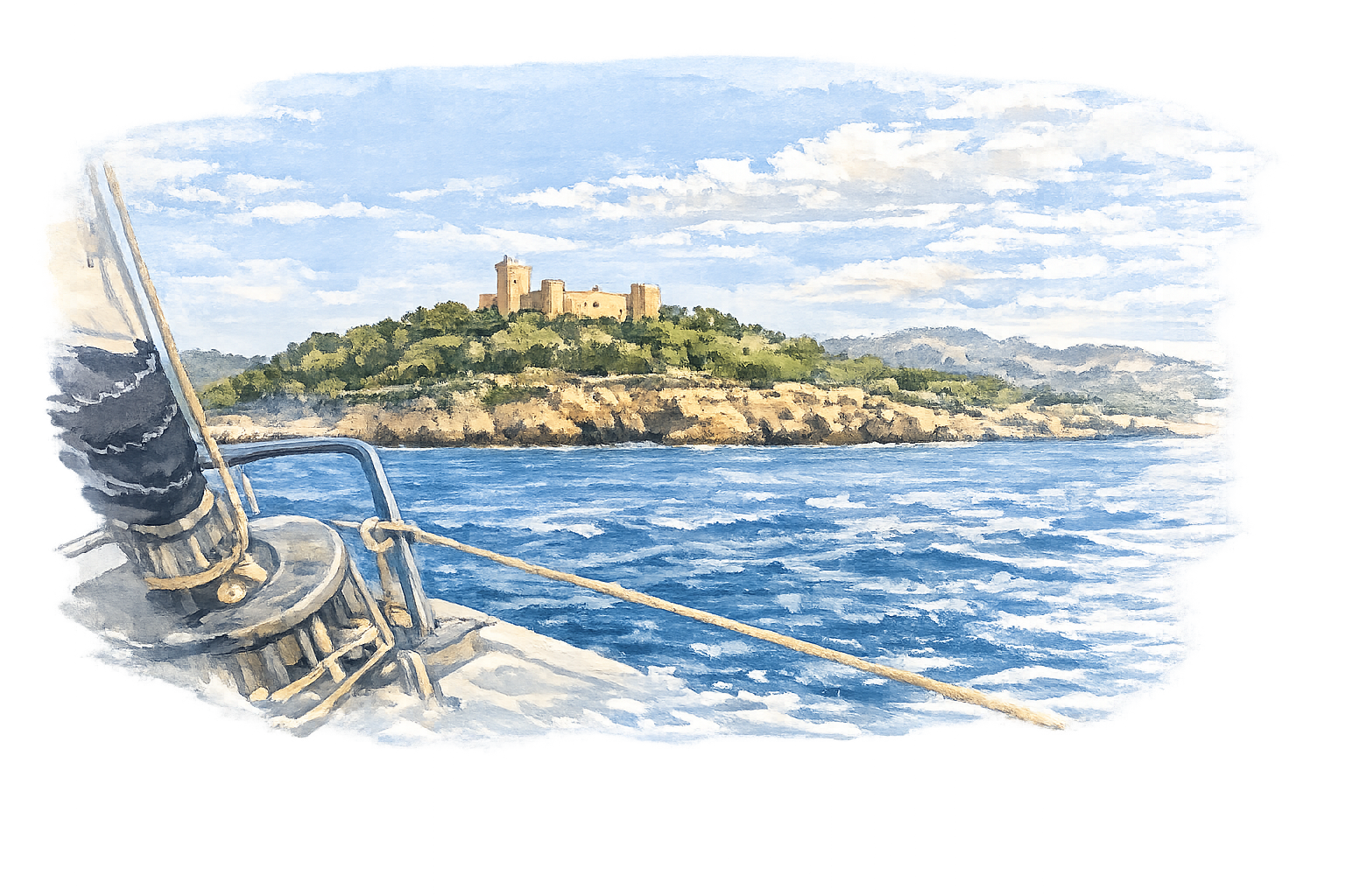 Aquarelle du château de Bellver au-dessus de la baie de Palma