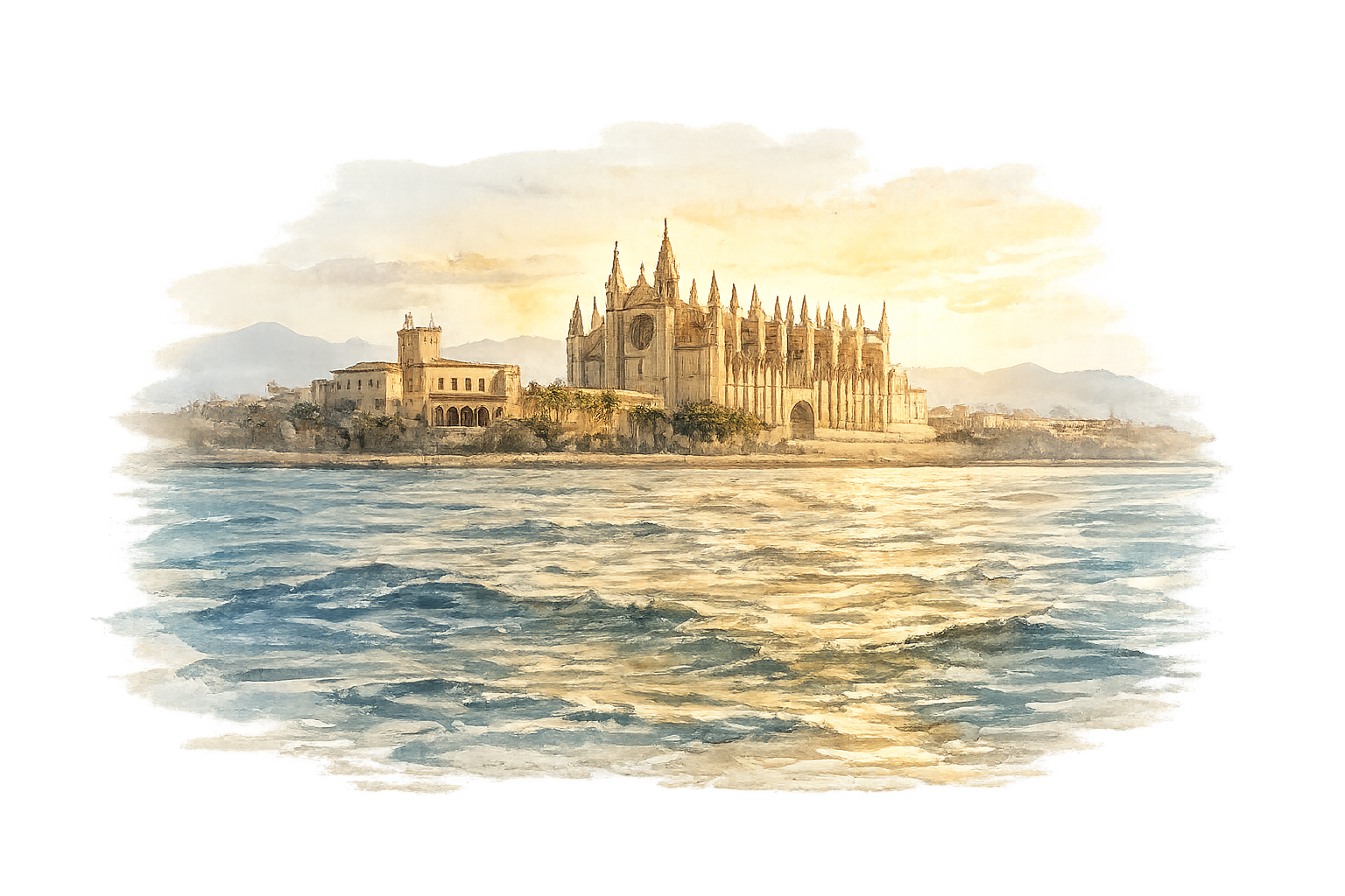 Aquarelle de la cathédrale de Palma vue depuis la mer