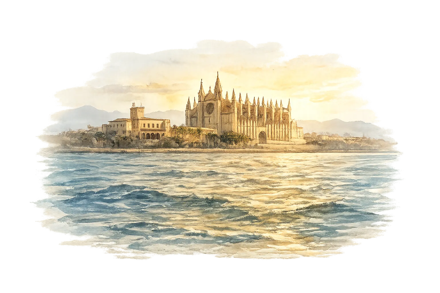 La cathédrale de Palma vue de la mer, à l'aquarelle