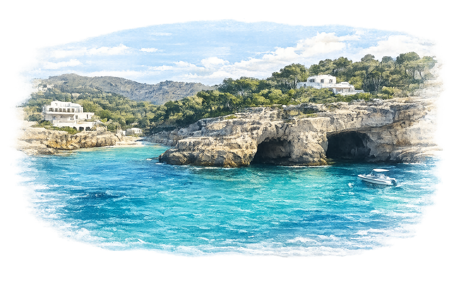 Aquarelle des criques et grottes de Portals Vells