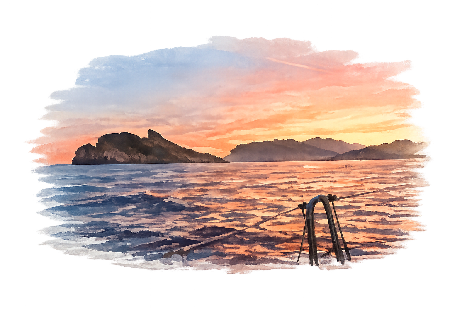 Aquarelle de l'île de Sa Dragonera au coucher du soleil