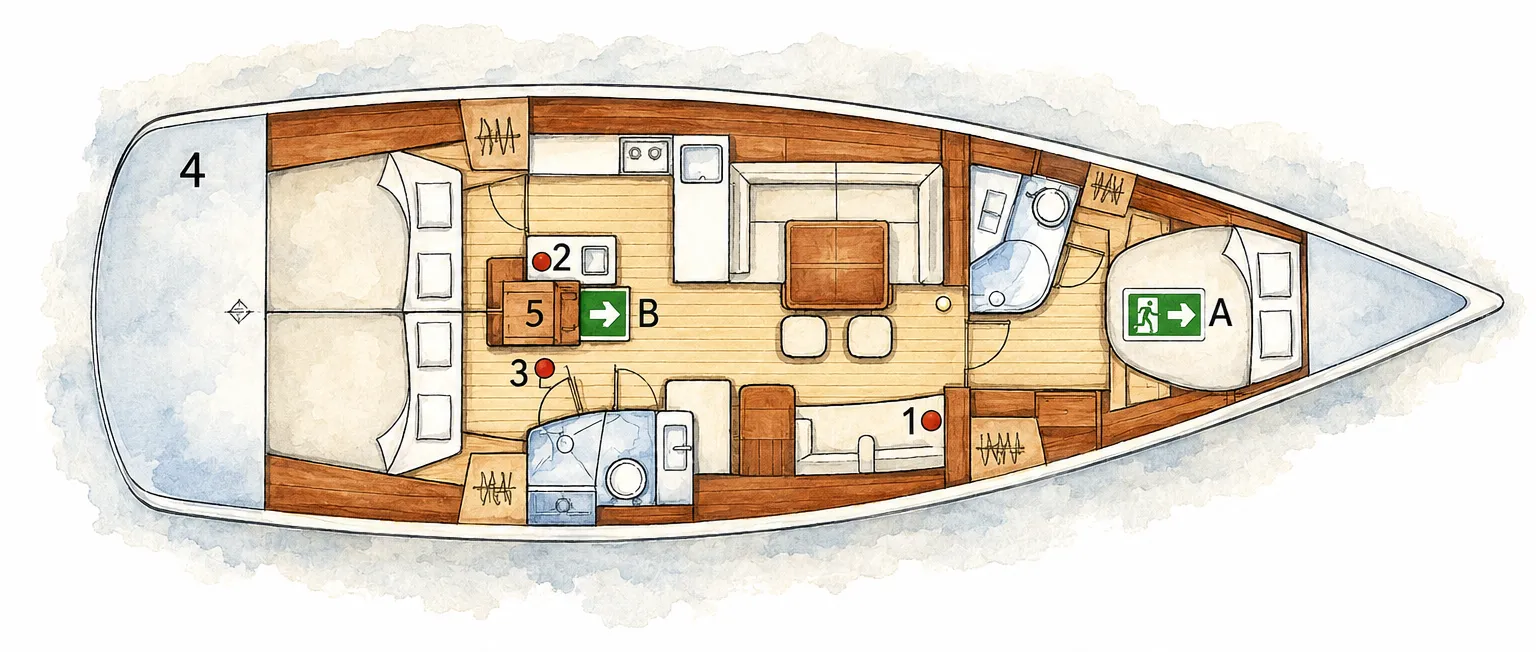 Plan du voilier à l'aquarelle : cabines, carré, cuisine et salles d'eau